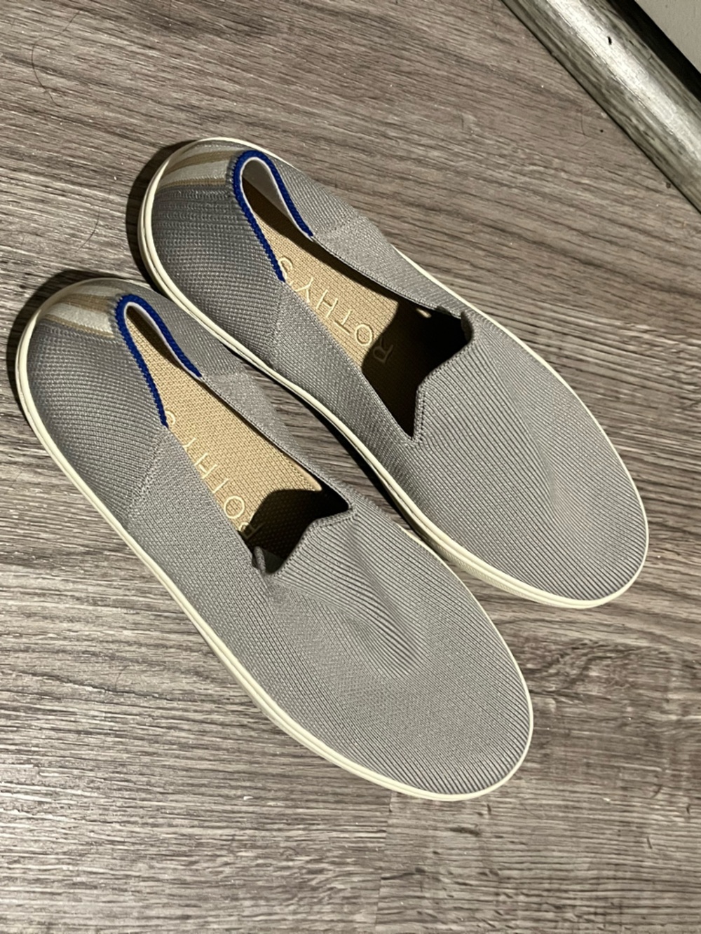Rothy's Gray Slip-On Loafers with Blue Trim